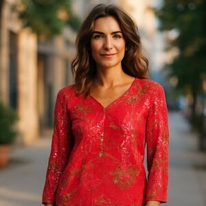 MAHARAJ Vintage 80s Tunic Top Red Gold Sequins Beads Silk Large Stunning